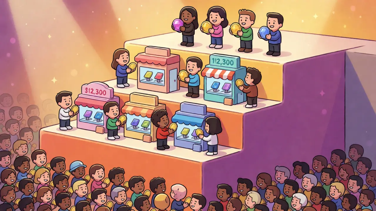 Cartoon graphic showing three tiers of users earning NFTify airdrop rewards.
