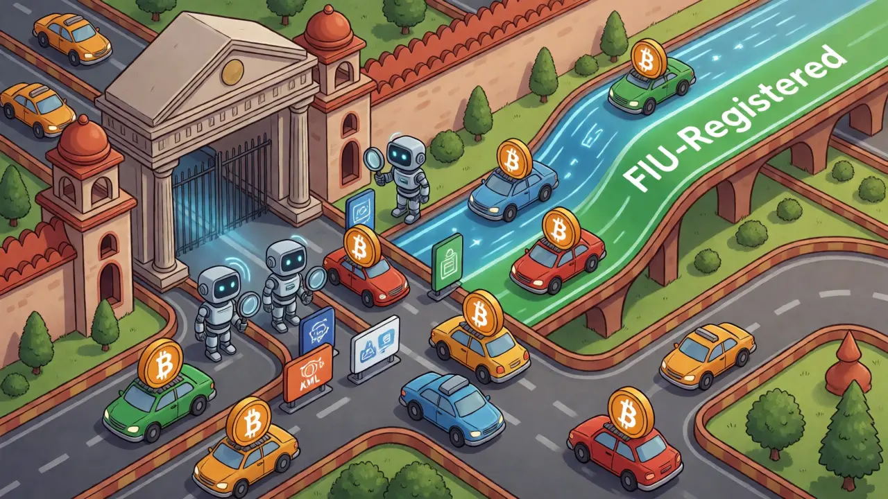 Cartoon maze of financial roads where compliant crypto lanes flow into banks