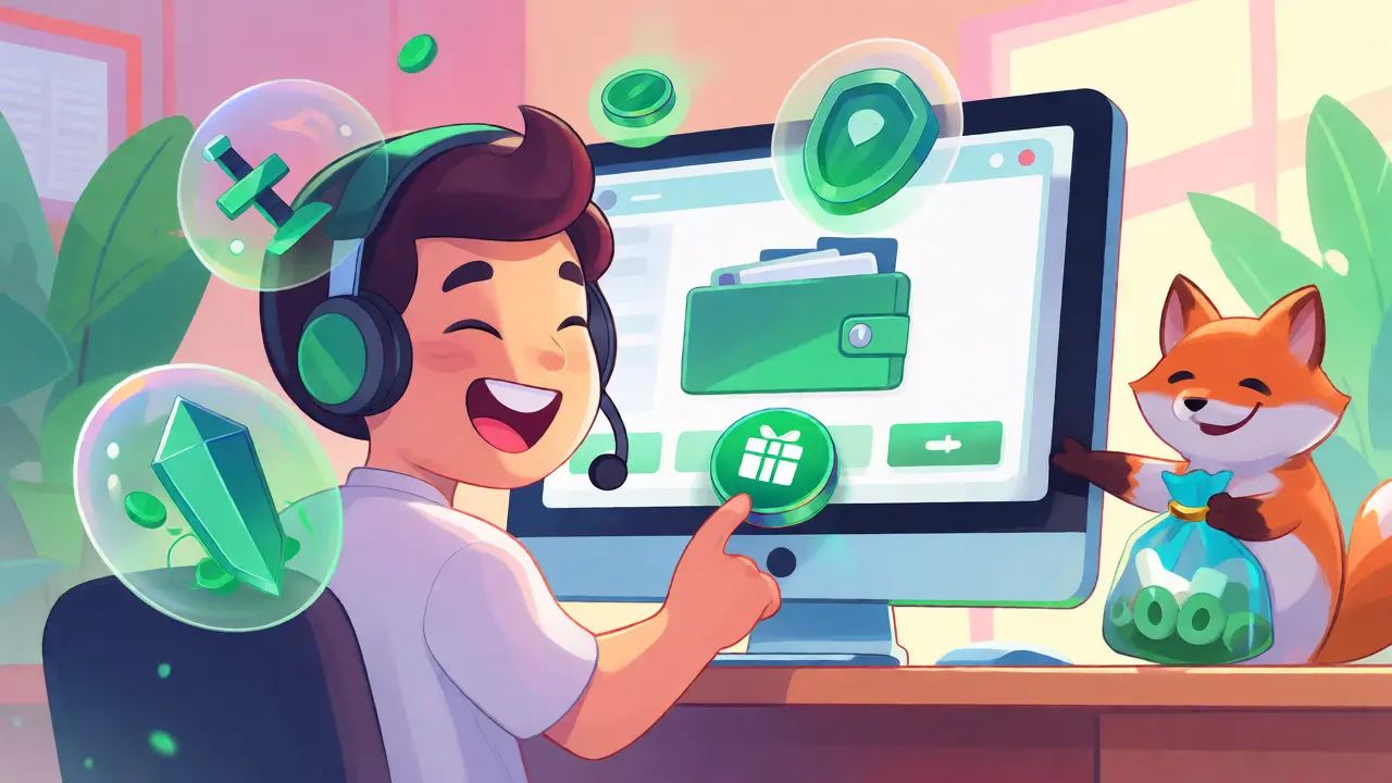 Character claiming crypto airdrop rewards with a friendly exchange mascot