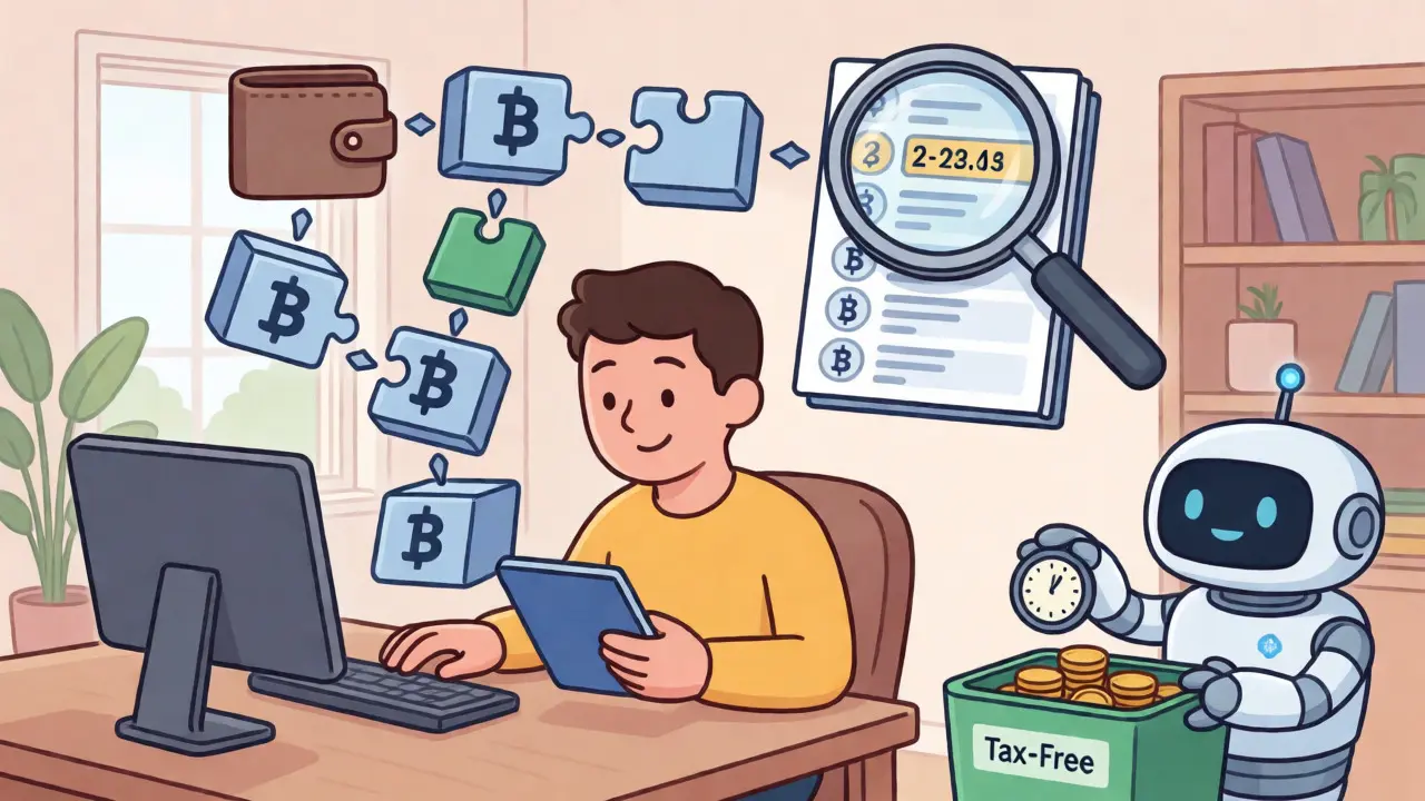 Character organizing digital assets with a robot assistant and floating blockchain blocks.