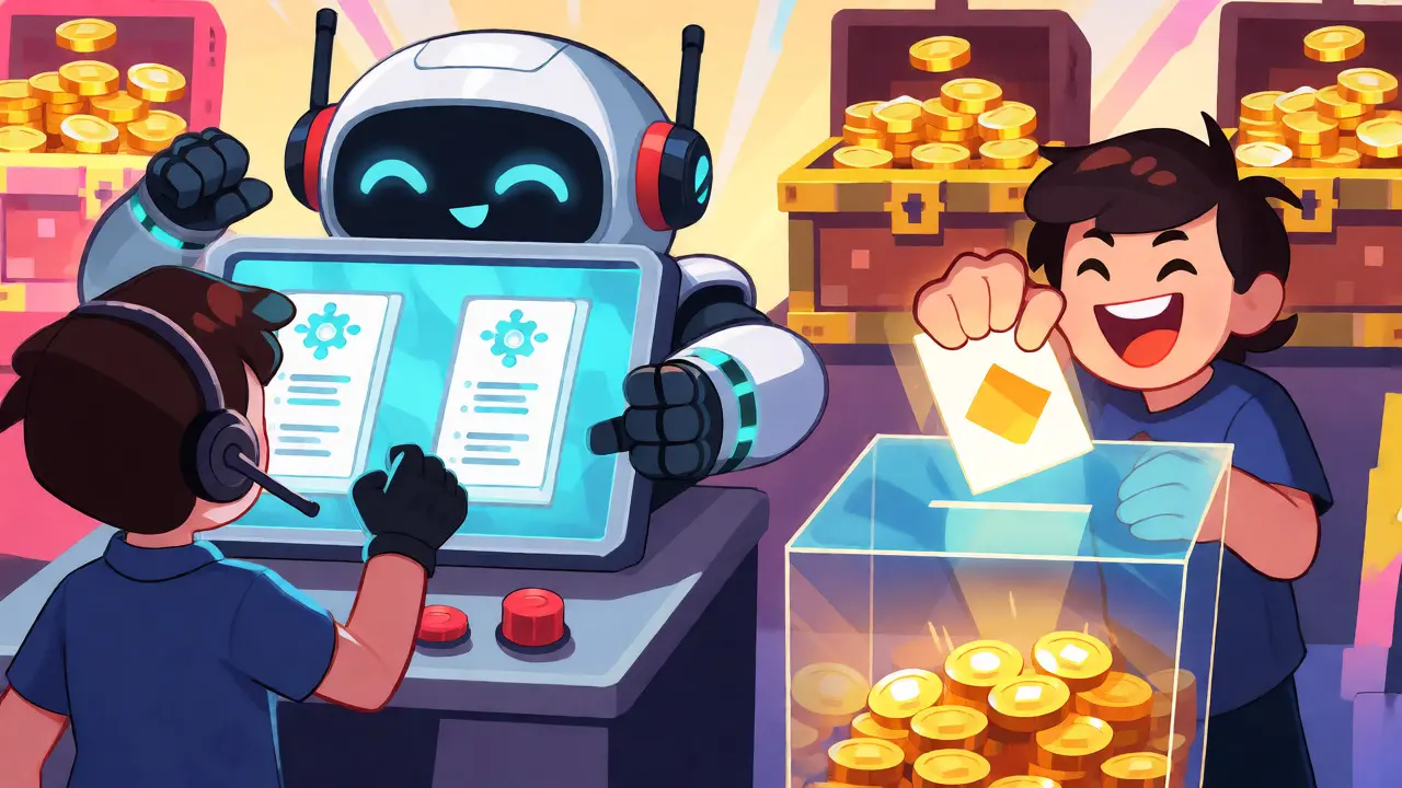 Characters interacting with task robots and voting boxes for rewards