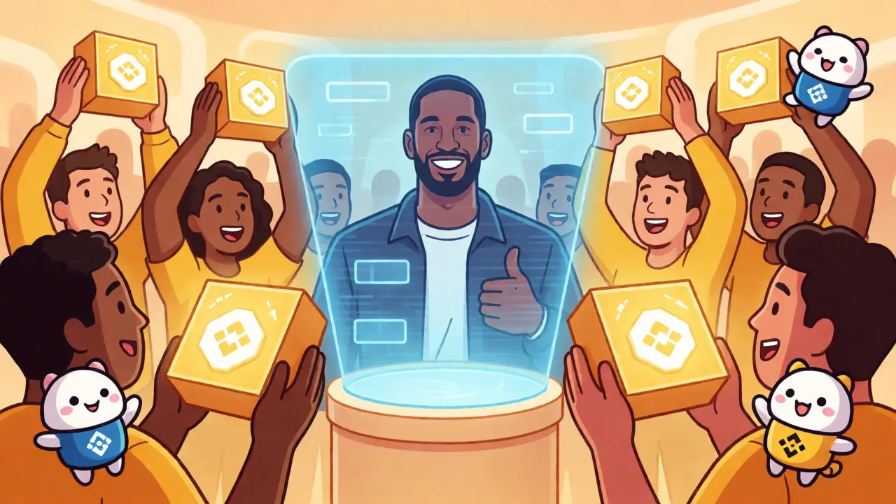 Cheerful cartoon fans holding mystery boxes around a hologram of Tracy McGrady.