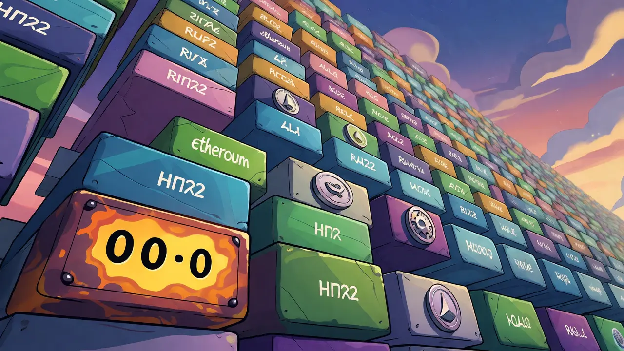 Colorful chain of blockchain blocks rising toward the sunrise