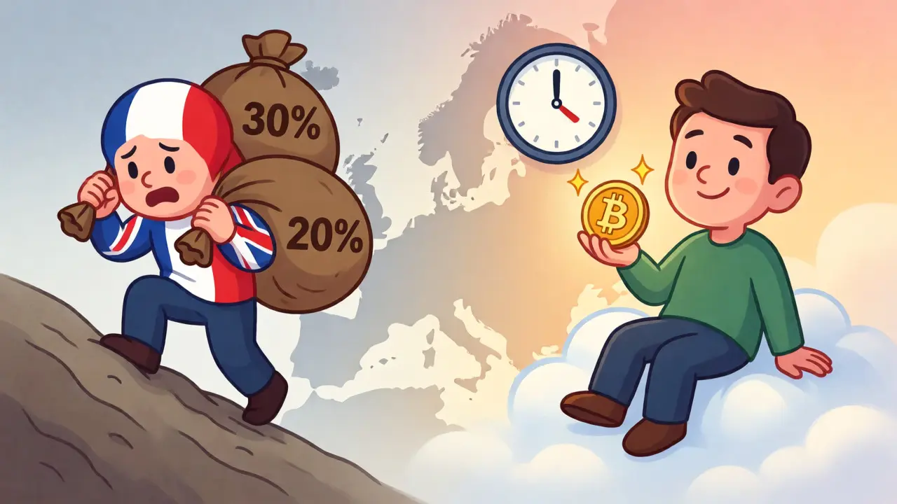 Comparison of stressed taxpayers in neighboring countries versus a relaxed German holder.
