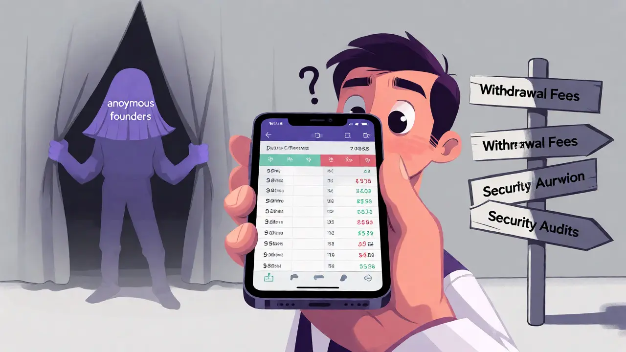 Confused trader with smartphone facing anonymous founders and missing info signs.