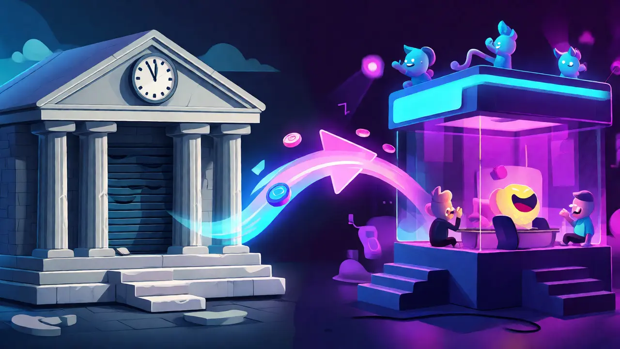Contrast between a closed traditional exchange and an active 24/7 crypto market.