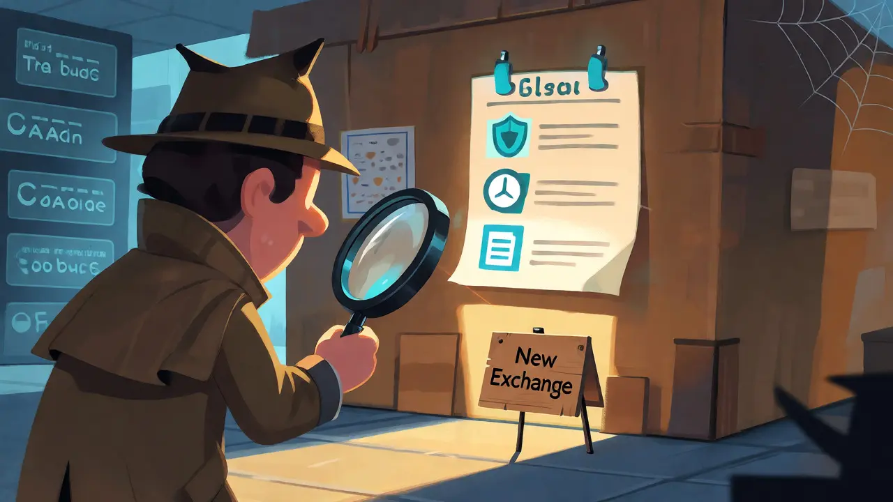 Detective examining a flimsy new crypto exchange office with a floating verification checklist.