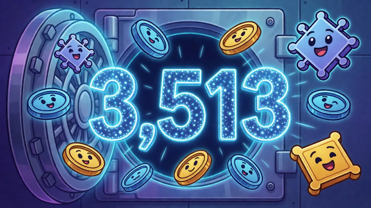 Futuristic cartoon vault revealing NFTs and the number 3,513 in light particles.