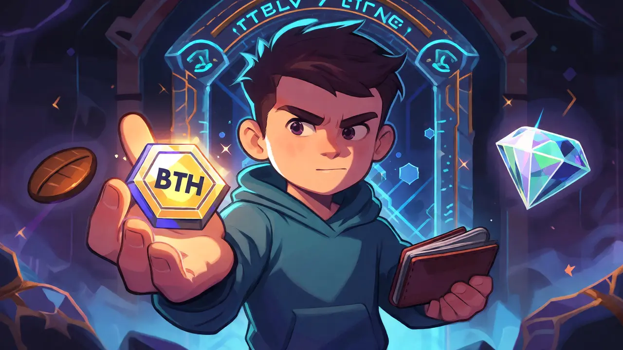 Gamer holding glowing BTH token near a digital claim portal