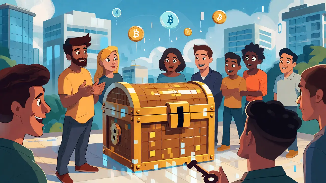 Group examining a locked pixelated treasure chest representing unspendable BTC