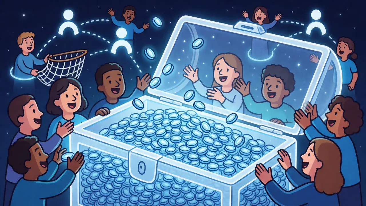 Group of cartoon characters collecting a flood of NFT tokens