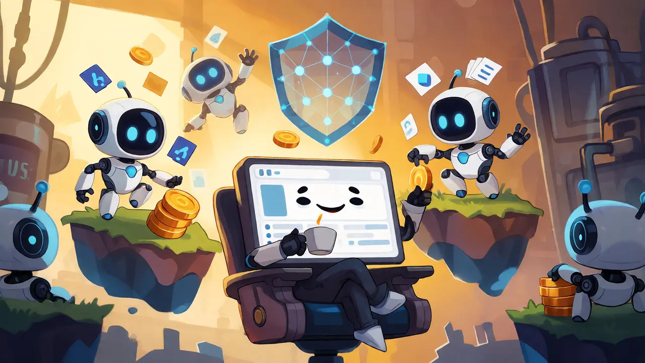 Illustration of AutoFi where robots automate finance tasks around a relaxed user.