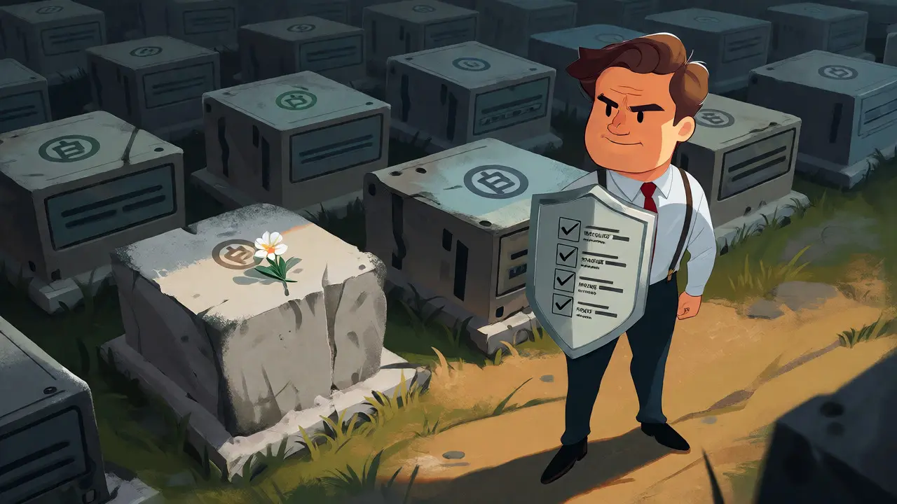 Investor examining a graveyard of defunct crypto exchange servers with a checklist shield.