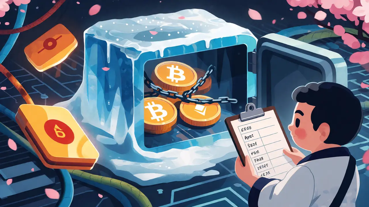 Japanese cold storage vault securing crypto assets with traditional aesthetics.