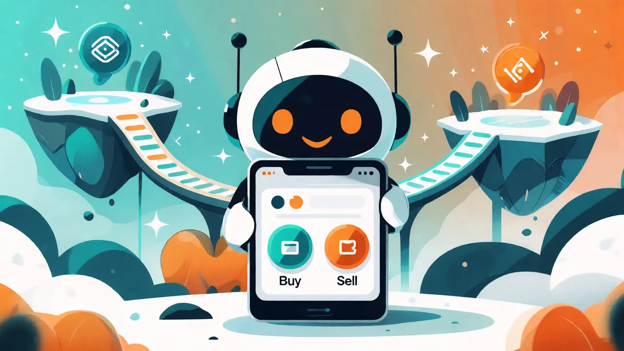 Robot mascot with phone and bridge connecting blockchain islands