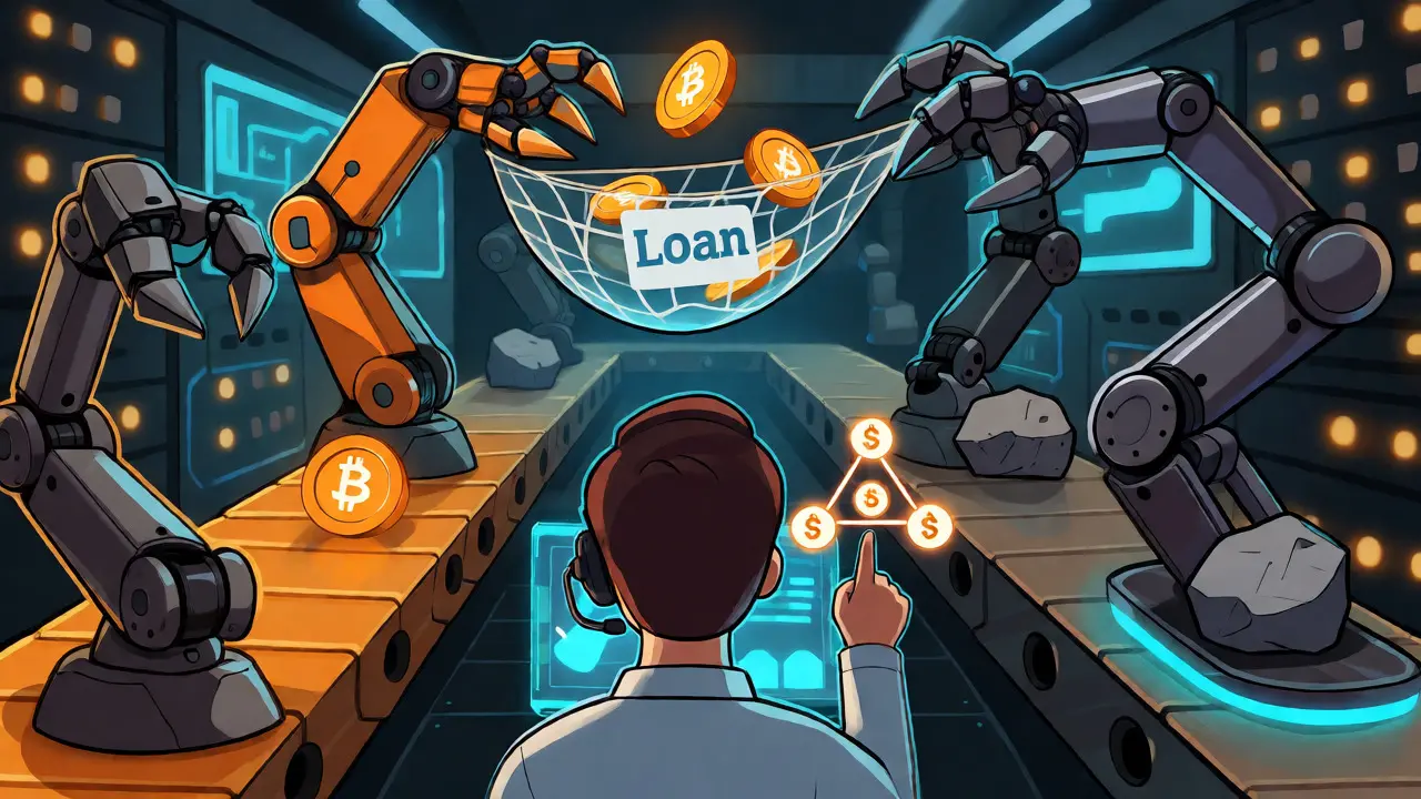 Robots competing for crypto tokens in a server room, with gas fees shown as heavy weights.