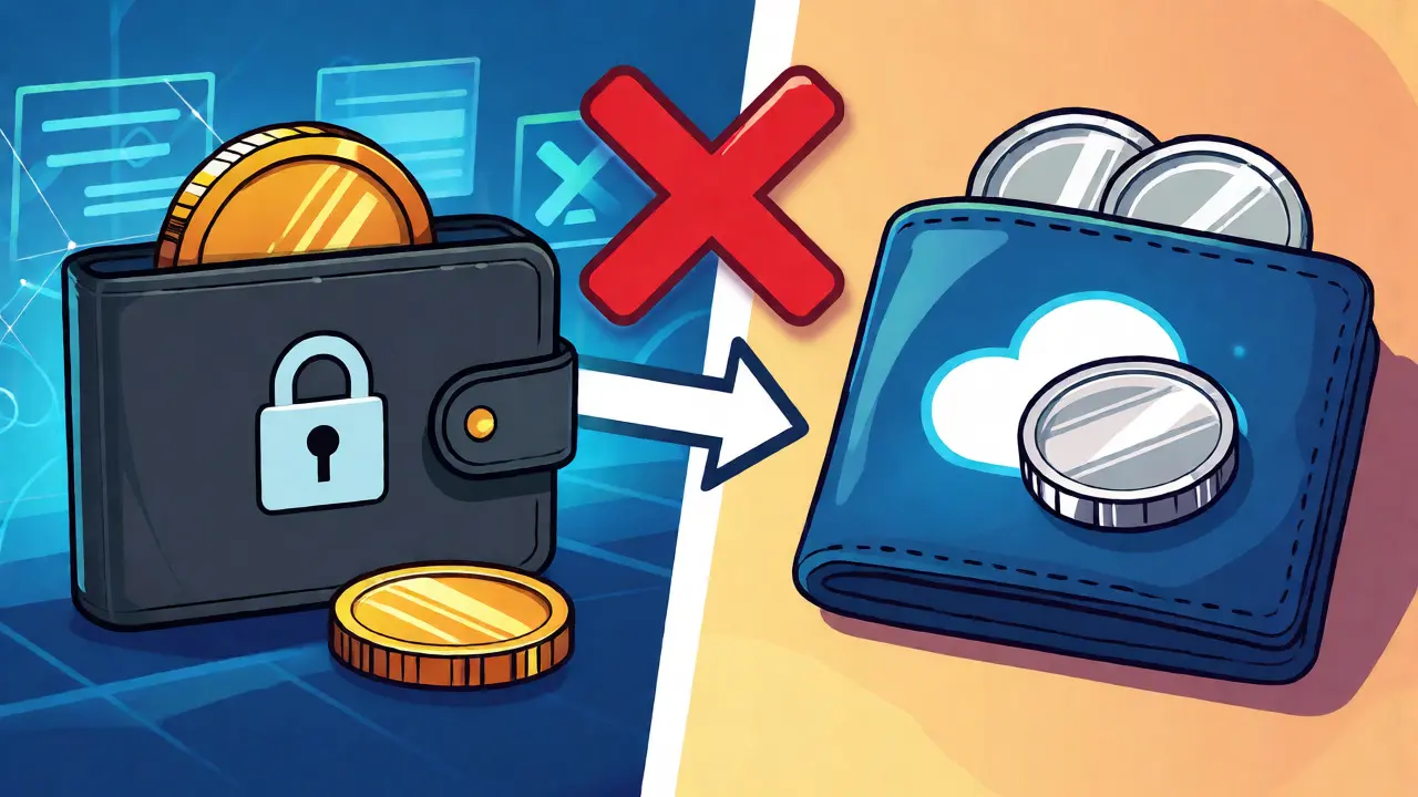 Split view of hardware and cloud wallets with warning sign