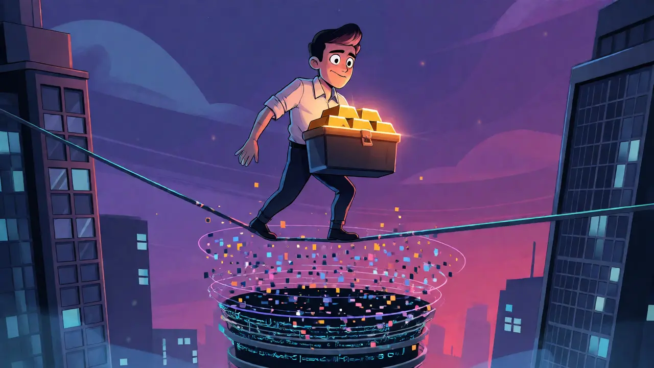 Tightrope walker carrying a briefcase of gold across fiber-optic cables, visualizing transaction atomicity.