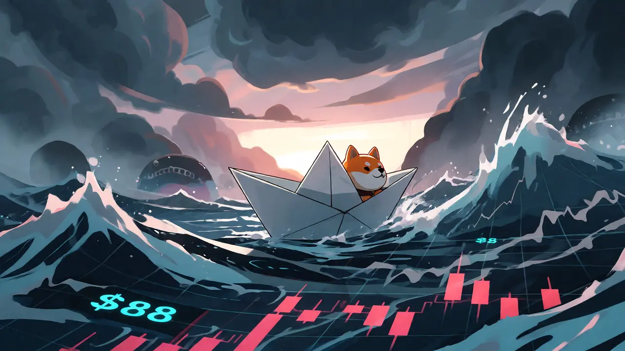 Tiny Shiba Inu boat navigating volatile crypto market waves