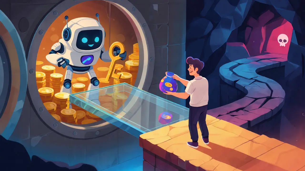 User connecting wallet to a secure vault via a bridge, avoiding a dark risky cave path.