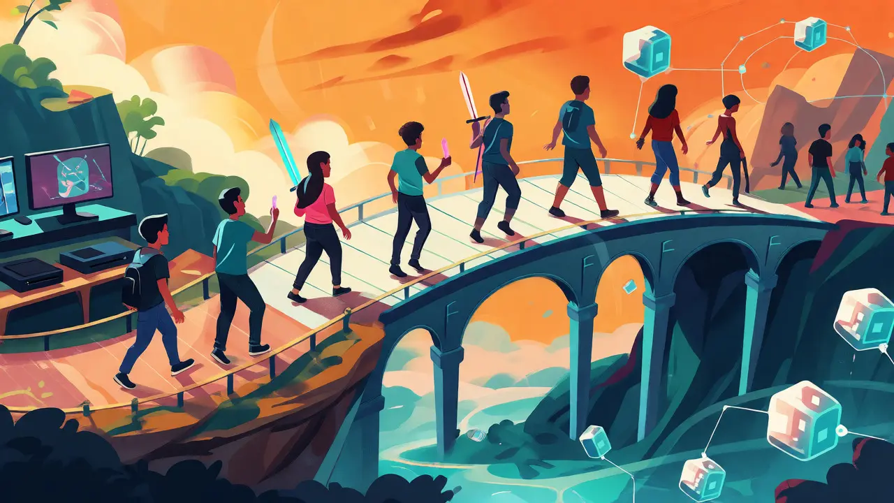 Avatars crossing a bridge between traditional gaming and blockchain worlds.