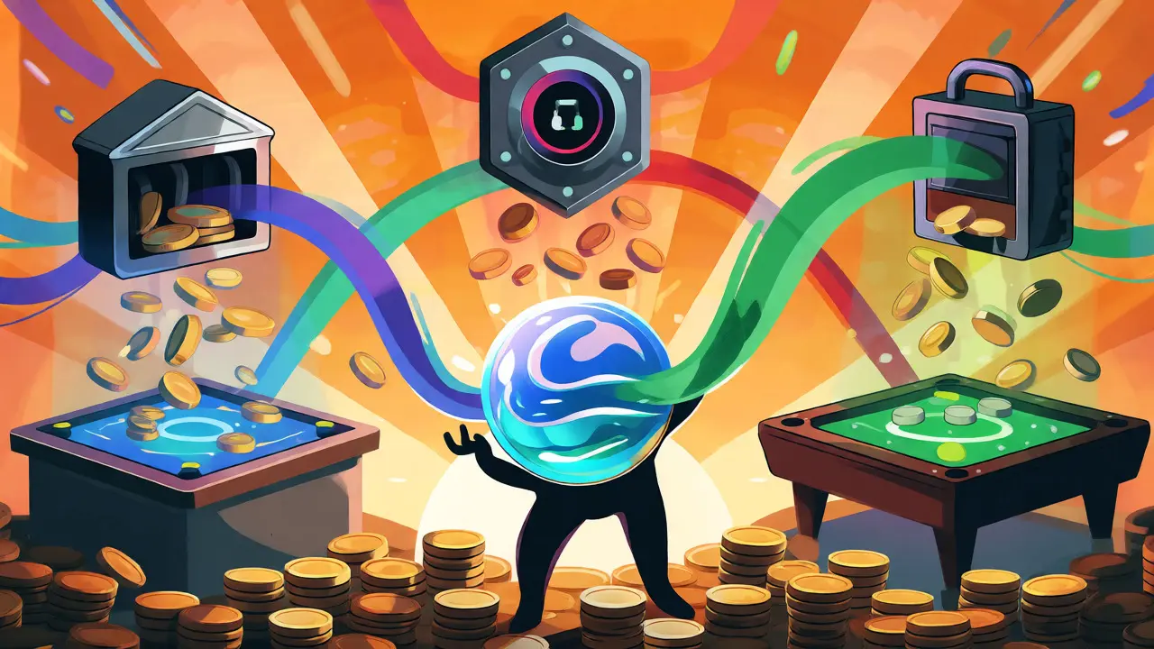 Cartoon depiction of stacking yields from staking, lending, and liquidity pools