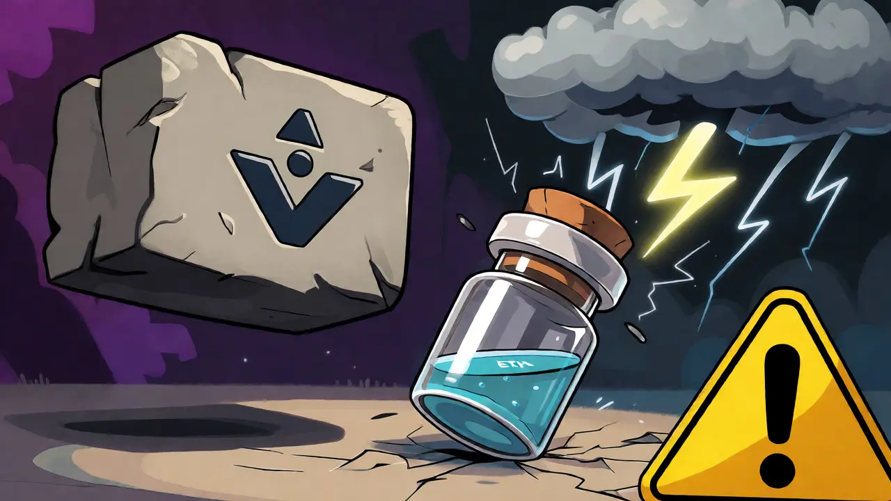 Cartoon image showing risks like depegging and centralization in liquid staking