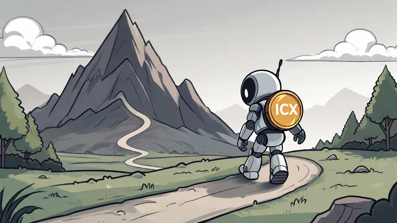Cartoon robot walking a path from a high peak to a stable plain, symbolizing ICX price history.