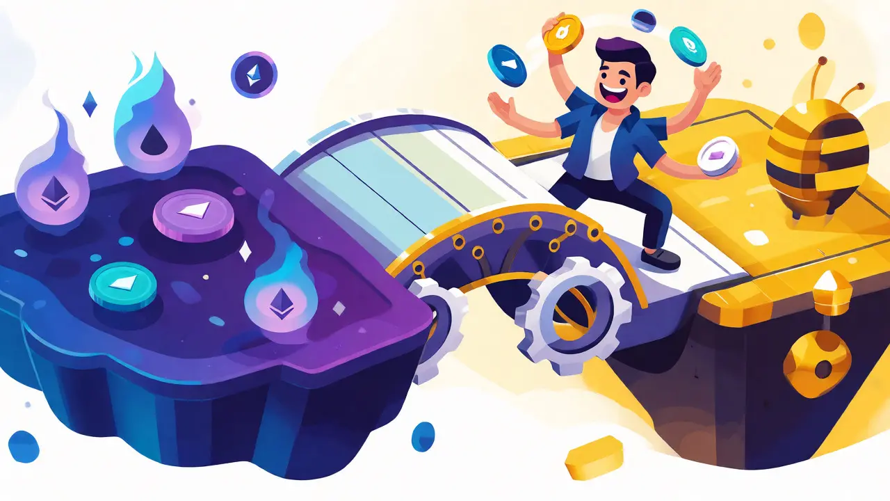 Cartoon trader balancing tokens across Ethereum and BSC bridges