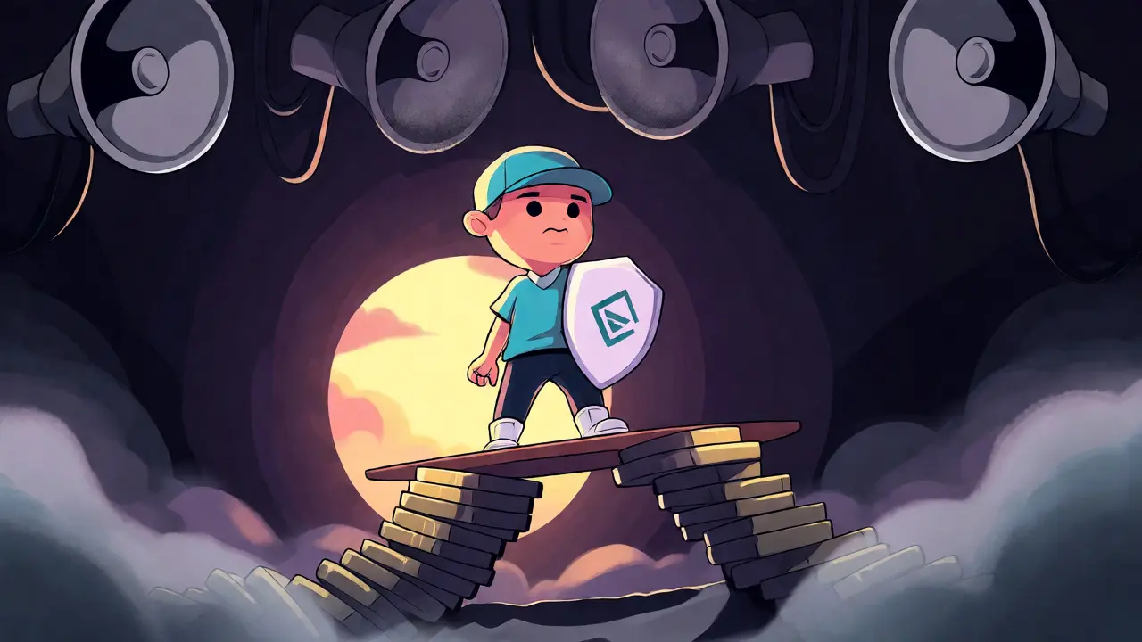 Character on coin plank defying silent marketing noise