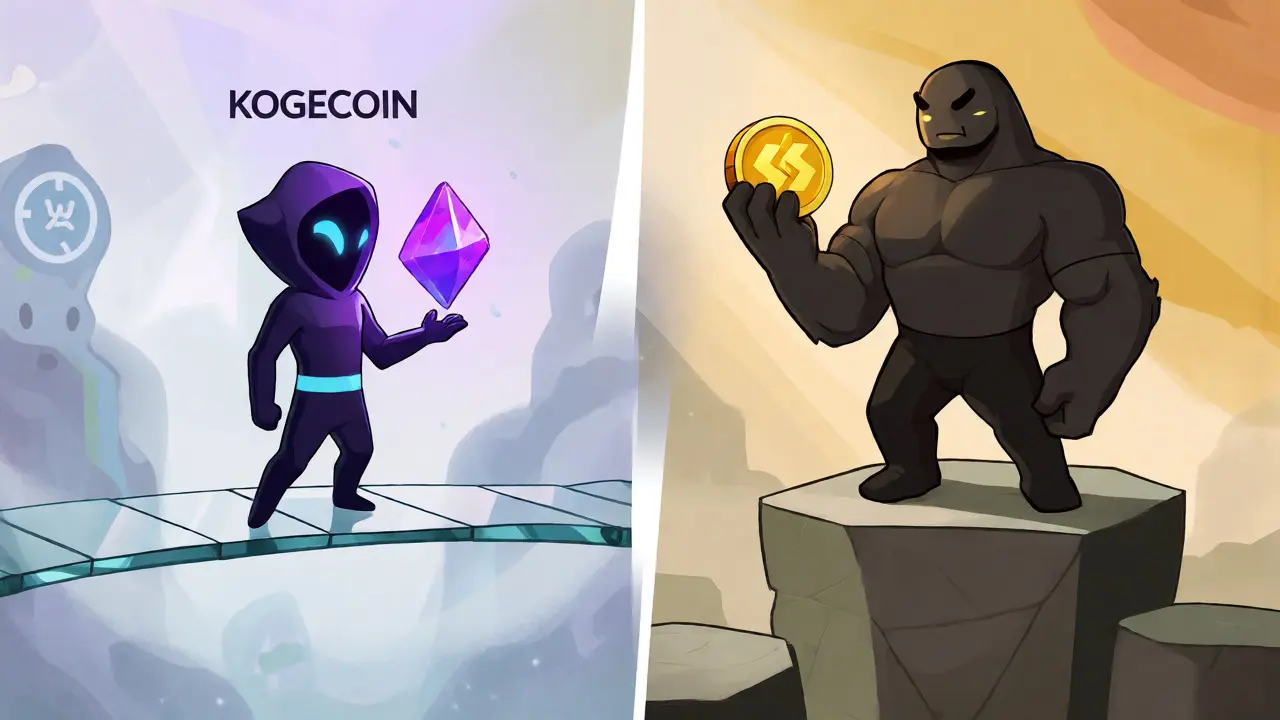 Contrast between a fragile polygon token holder and a stable BNB chain character in cartoon art.
