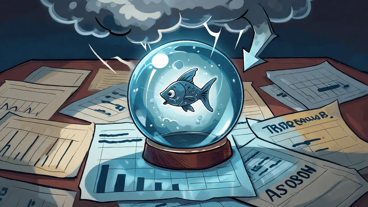 Crystal ball with trapped fish under a storm cloud on a desk