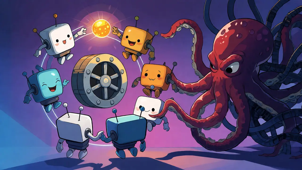 Decentralized node robots forming a protective circle against a cable-tentacle monster.
