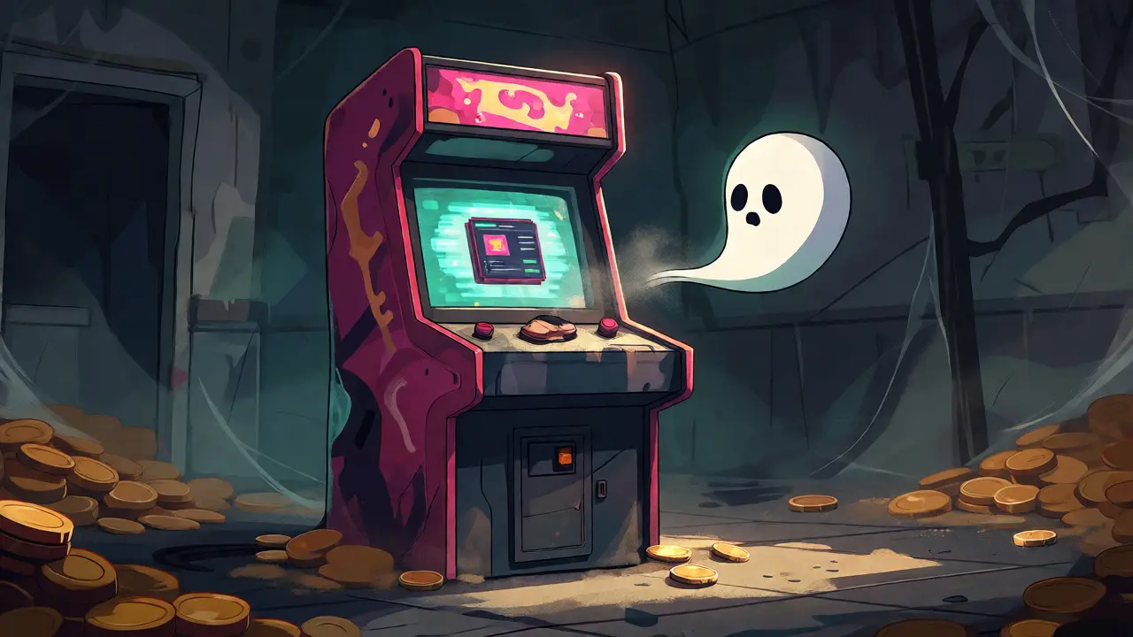 Dusty arcade machine with flickering screen in empty room