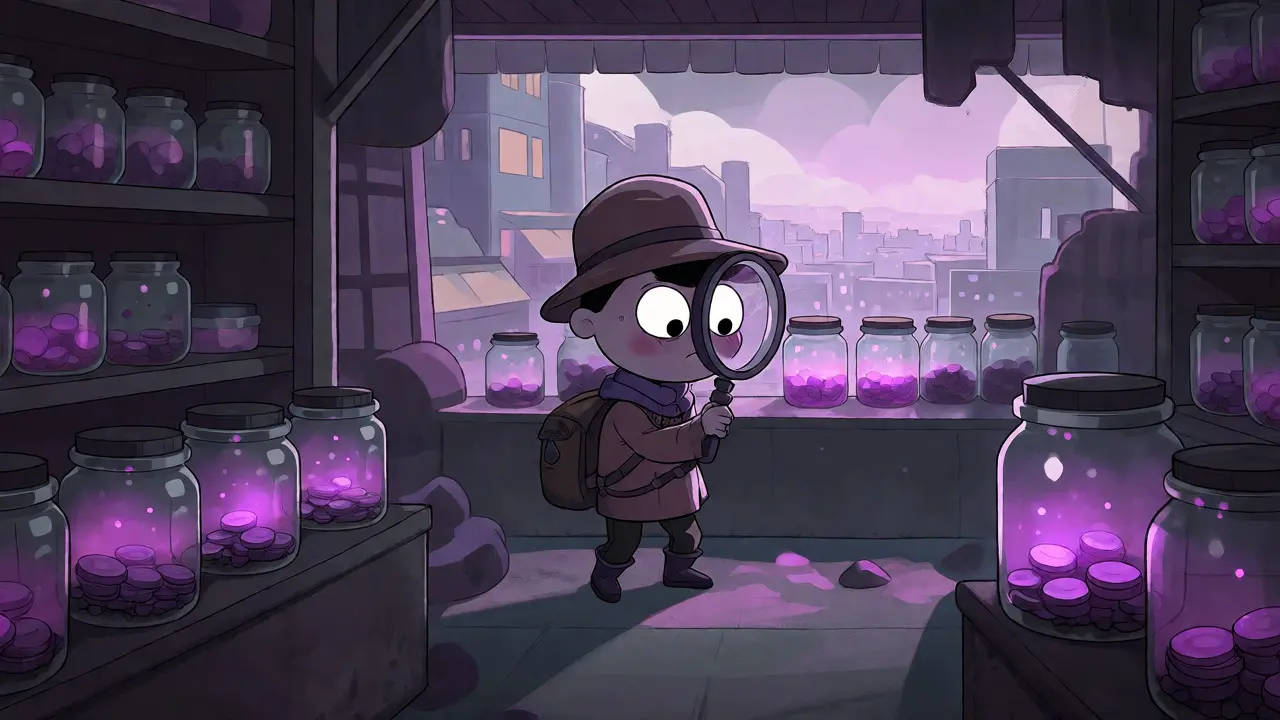 Explorer examining rare purple coins in a dusty shop, symbolizing low-liquidity DeFi asset.