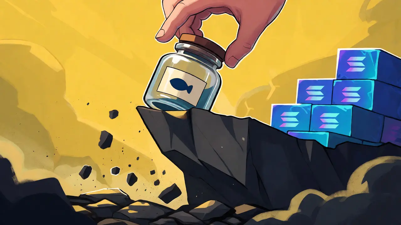 Fragile jar on crumbling Solana blocks representing low liquidity