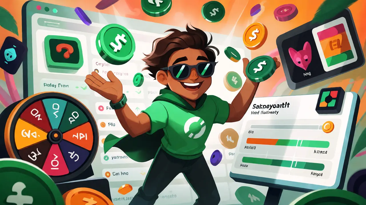 Gamified DeFi user managing liquidity, farming, and predictions