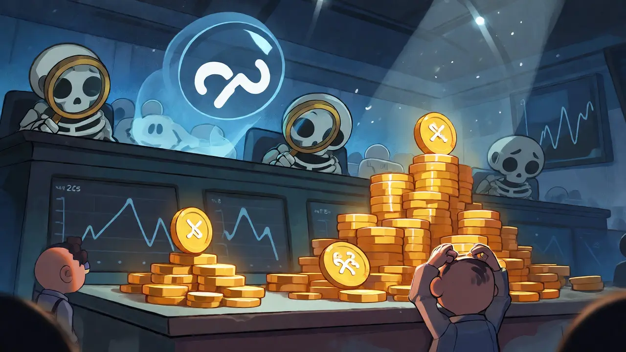 Ghostly crypto logo haunting an empty trading floor with contradictory coin piles.