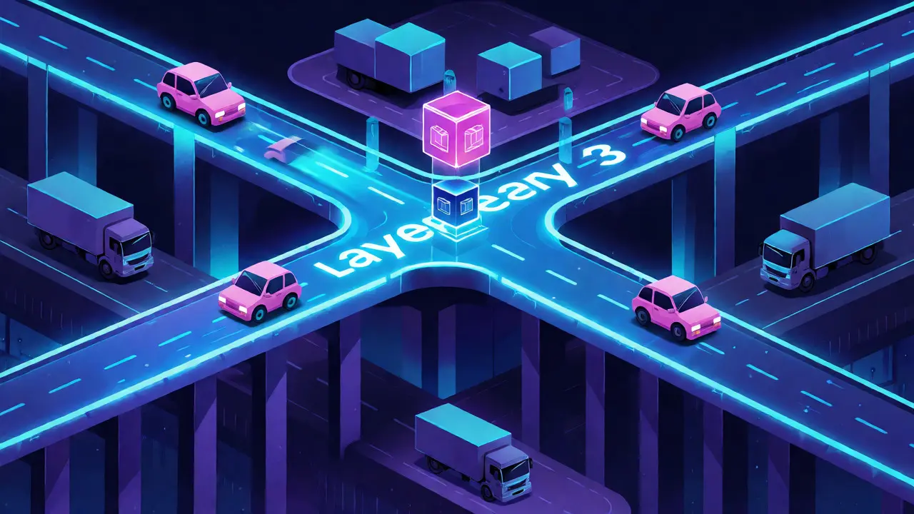 Glowing Layer 3 blockchain highway enabling fast transaction flows.