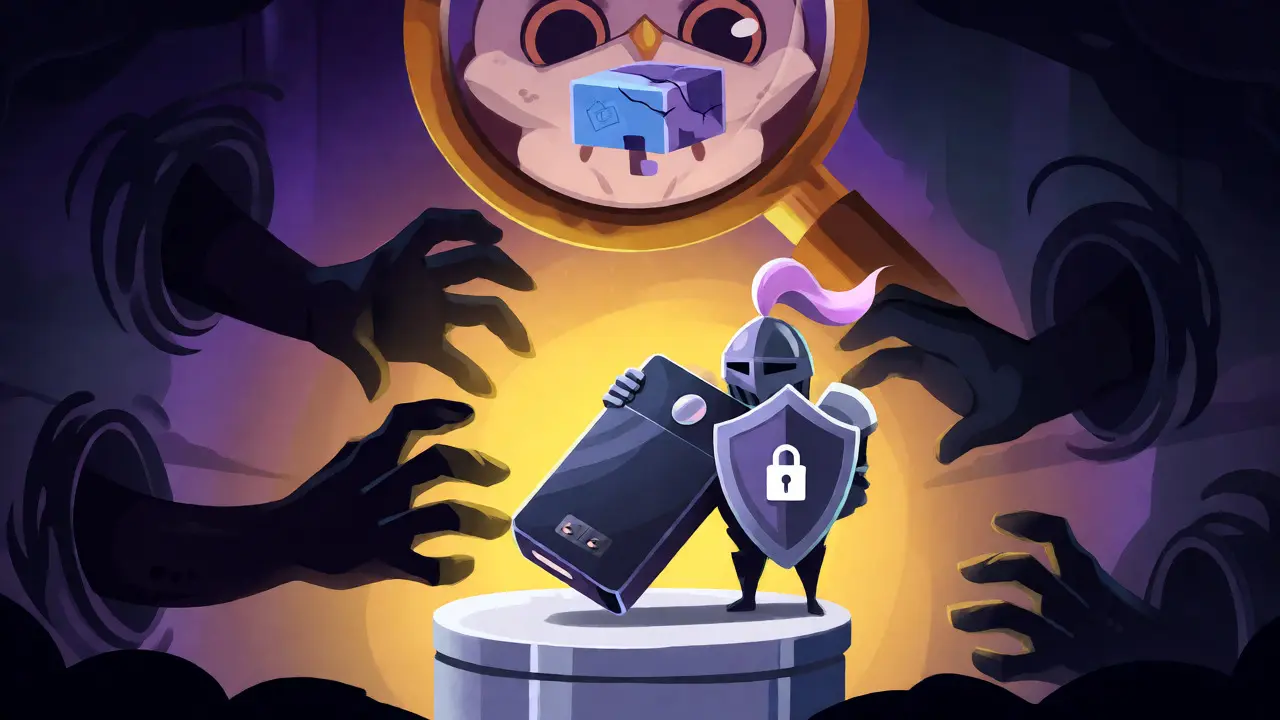 Hardware wallet guarded against shadowy hands from fake claim portals.