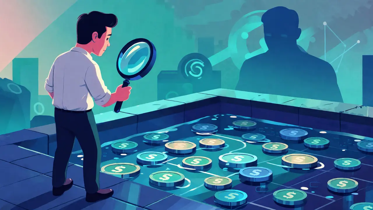 Investor using a magnifying glass to inspect a digital liquidity pool for risks.