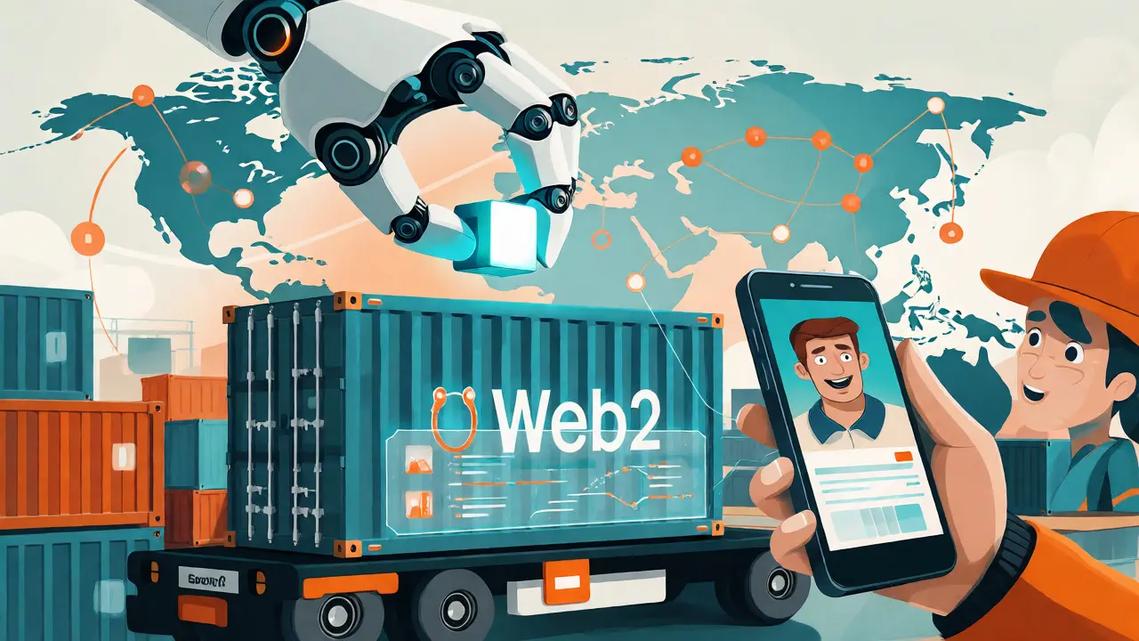 Robot placing digital block on container, linking Web2 and Web3 logistics.