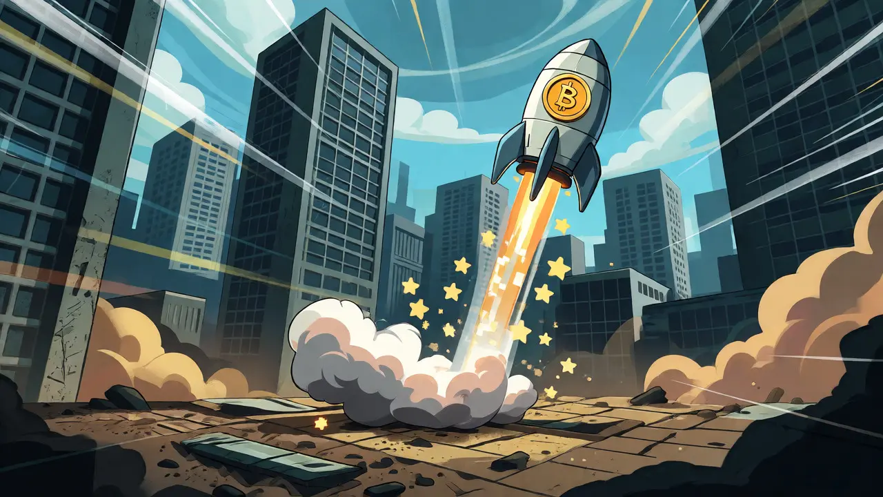 Small rocket launching past giant crypto skyscrapers