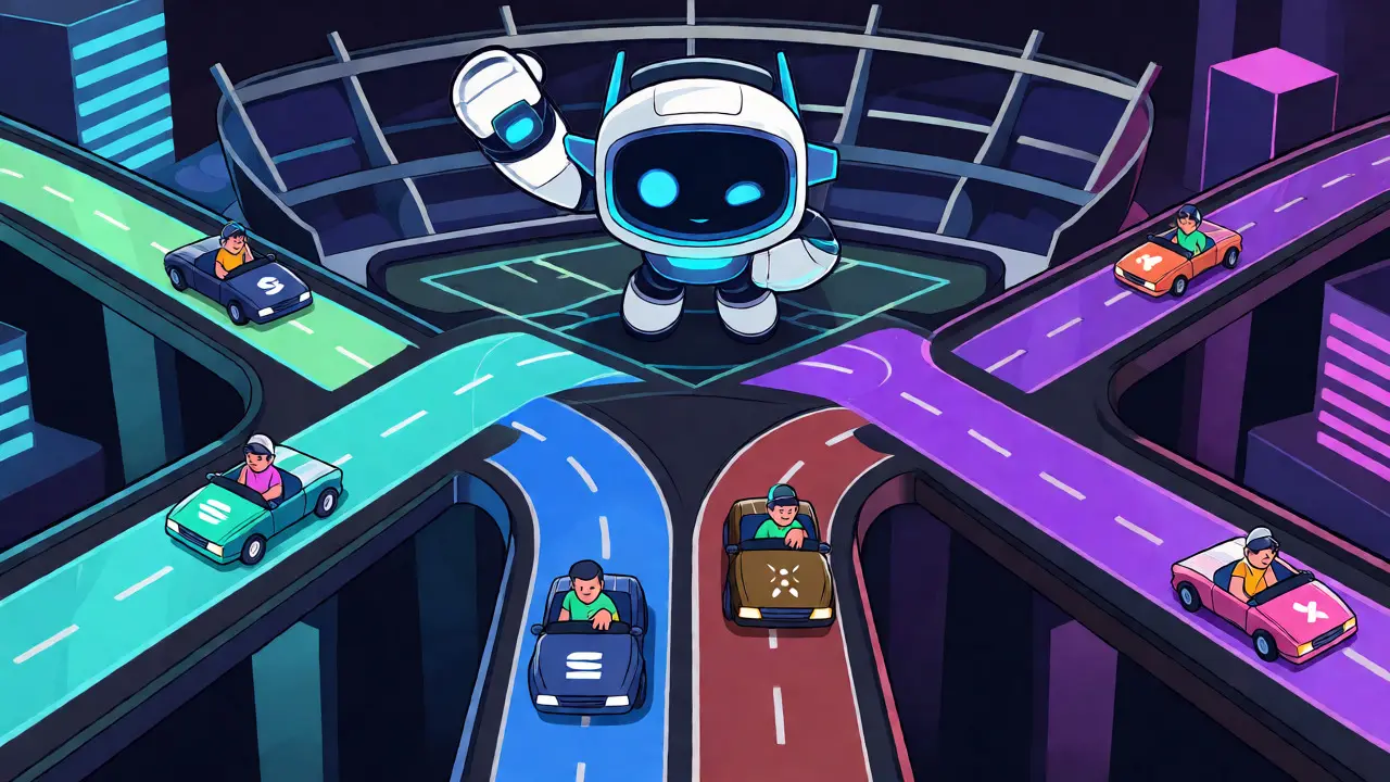 Three colorful roads leading to a stadium for multi-chain access