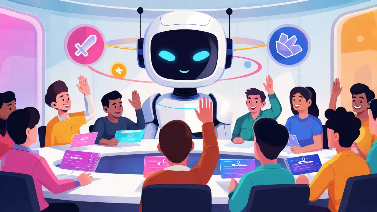 Virtual metaverse meeting where users vote on DAO decisions with an AI assistant.
