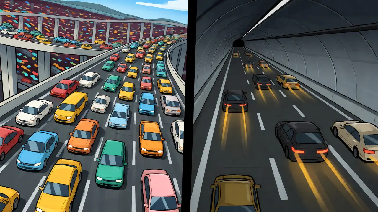 Visual comparison of a busy multi-lane highway versus a fast, exclusive tunnel.